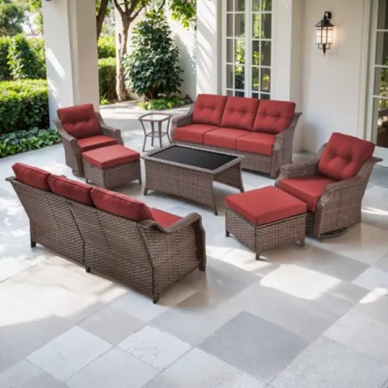 POCASSY 6 Inch Thick Cushion Patio Furniture Set with Swivel Glider Chairs, 8 Piece Patio Set with Brown Wicker Round Rattan and Olefin Cushion Cover image {17}