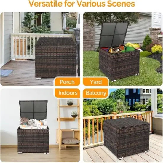 VINGLI 88 Gallon Outdoor Rattan Deck Box With Adjustable Feet, Patio Wicker Storage Box for Garden, Balcony, Porch, Pool, Yard (Brown) image {5}