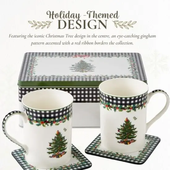 Spode Christmas Tree 5-Piece Mug & Tin Set - Fine China Mugs & Cork Coasters, Holiday Beverage Essentials, Festive Gift for Collectors image {2}
