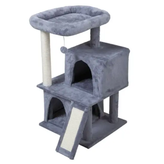 DOMETOUR Double-layer Cat Tree with Cat House and Ladder Light Gray image {1}
