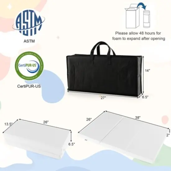 Babyjoy Tri-fold Pack and Play Mattress Topper 38" x 26" Mattress Pad w/ Carrying Bag image {9}