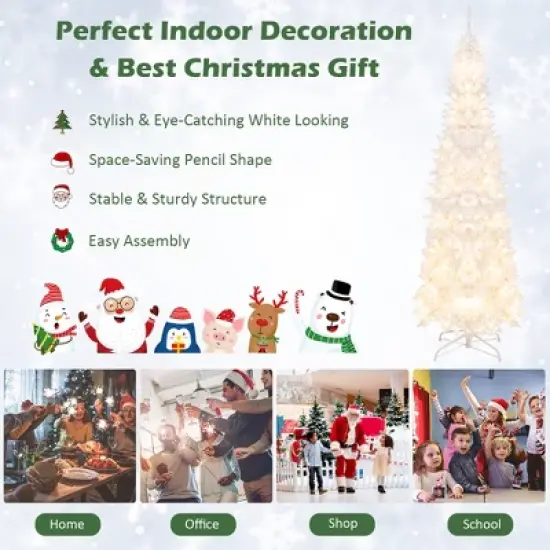 Costway 7FT Pre-Lit Hinged Pencil Christmas Tree White w/ 300 LED Lights & 8 Flash Modes image {4}