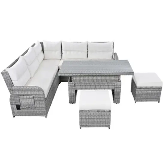 Outdoor Patio Rattan Sectional Sofa Set with Adjustable Height Table and 2 Reclining Seat, Extendable Side Tables image {14}