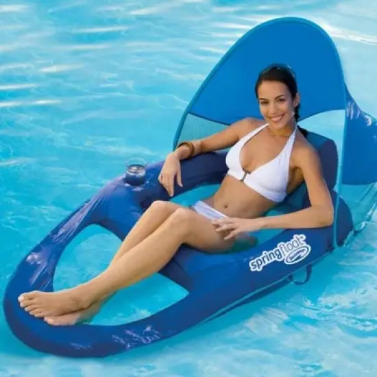 SwimWays Spring Float Recliner Pool Lounge Chair w/ Sun Canopy, Blue image {4}