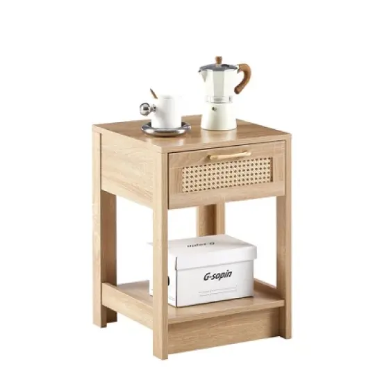 KWPZQEB Rattan End table with Drawer, Farmhouse Nightstand, Wood Bedside Table with Open Shelf Storage Shelf for Bedroom, Living Room, Small Space image {5}