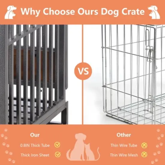 GustoWave 46'' Heavy Duty Metal Dog Crate , Dog Crates for Large Dogs with Wheels, Metal Cage, Wood Kennel Dog Crate with Removable Tray image {3}