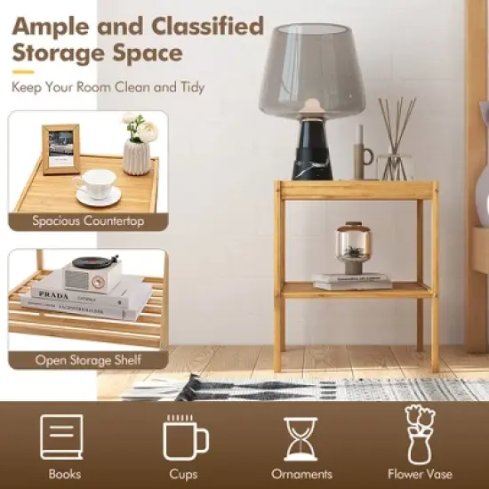 2 PCS 2-Tier Bedside End Table Bamboo Nightstand for Living Room Bedroom image {7}