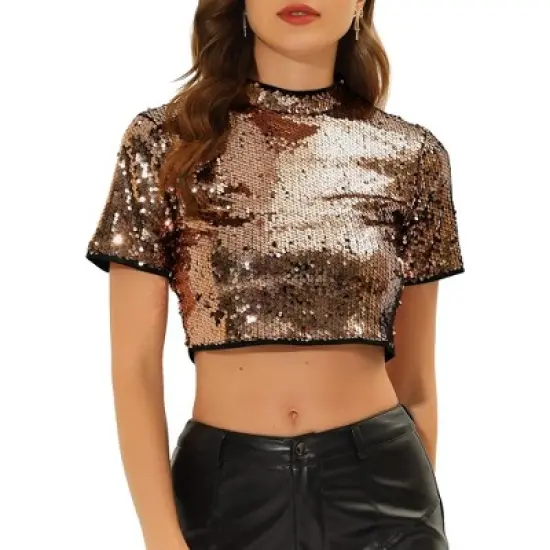 Allegra K Women's Halloween Sequin Crop Sparkle Glitter Short Sleeve Shinning T Shirt image {7}