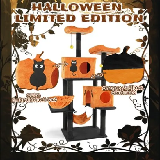 Angel Sar 61" Halloween Cat Tree with 2 Condos, 2 Hammocks & Perches, Large Cat Tower with Scratching Posts for Multiple Cats, Orange & Black image {4}