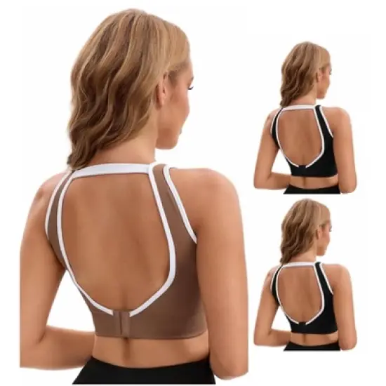 INSPIRE CHIC Women's 3 Pcs Open Back Workout Tank with Built-in Bras Contrast Color Crop Sports Vest image {6}