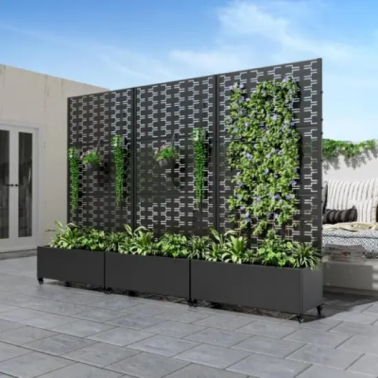 PexFix 72 in. x 35 in. Outdoor Metal Trellis with Planter Box in Bricks Pattern in Black image {1}