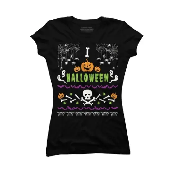 Junior's Design By Humans Halloween Lover Ugly Sweater By machmigo T-Shirt image {3}