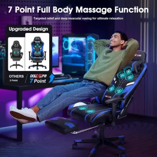 Douxlife Modern 7-Point Massage Ergonomic Gaming Chair with Footrest & Adjustable Armrests Black Blue image {3}