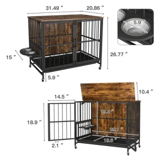 Dog Crate Furniture, Dog Crate for Large Medium Dogs, Wooden Dog Kennel End Table, 37.8" Dog Cage Large Dogs with Wheel & with Flip-Top image {2}