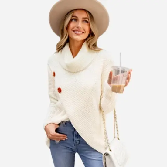 Women's Buttoned Turtleneck Wrap Sweater - Cupshe image {6}