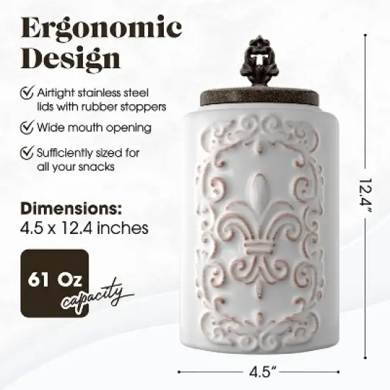 American Atelier Food Storage Ceramic Canister Jar, Fleur De Lis Embossed Design & Airtight Stainless-Steel Lid For Sugar, Flour, White, Set of 2 image {3}