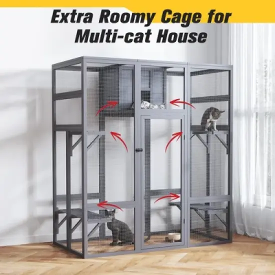 Sandinrayli Extra Large Cat Catio - 4-Way Pet Door, Outdoor Wood Insulation Condo, Patio Window Attach w/Weatherproof PVC Cover (Gray) image {3}