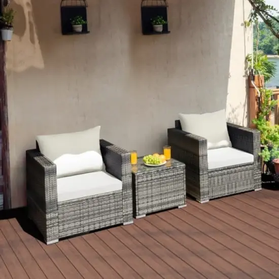 Costway 3 PC Patio Rattan Furniture Bistro Set Cushioned Sofa Chair Table White\Navy image {13}