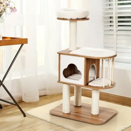 Costway 46'' Modern Wooden Cat Tree with Platform & Washable Cushions for Kittens & Cats image {3}