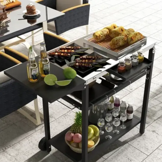 Outsunny 2-Tier Shelf Outdoor Bar Cart, Stainless Steel Tabletop Patio Serving Cart for Poolside, Garden, Black image {5}