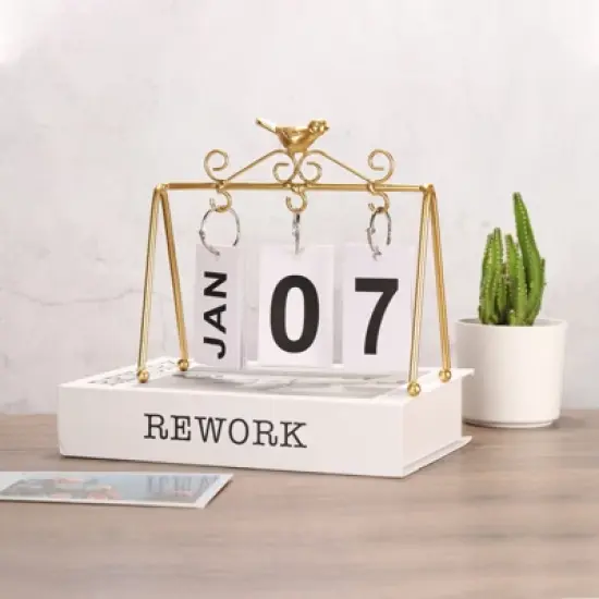 Unique Bargains Desktop Decoration Turn Page Flip Vintage Wood Perpetual Calendar Golden image {4}