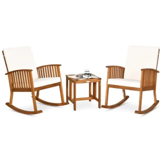 Tangkula 3 PCS Acacia Wood Rocking Bistro Set Outdoor Furniture Front Porch Rocker Chairs Conversation Set with Coffee Table and Cushions image {6}
