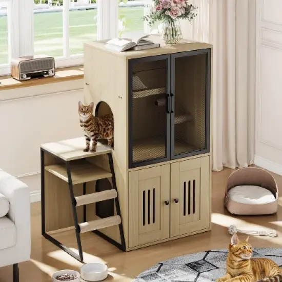 Cat Litter Box Enclosure, Double Cat House with Storage, Enclosed Litter Box Furniture with Ladder image {8}