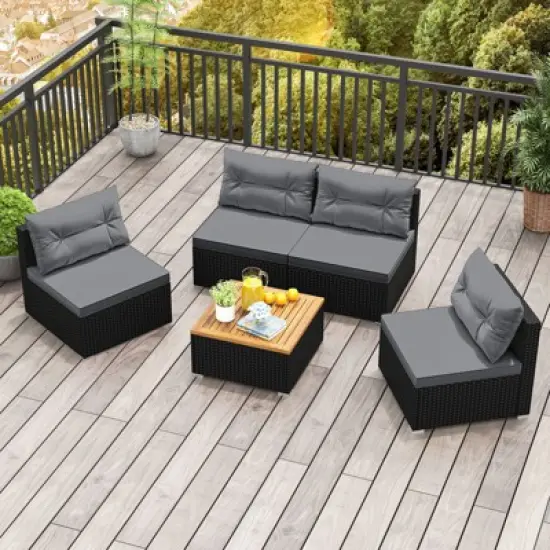 Tangkula Set Of 5 Rattan Sofa Set Outdoor Wicker Furniture Set w/Seat & Back Cushions Square Coffee Table Patio Sofa Set Gray image {3}