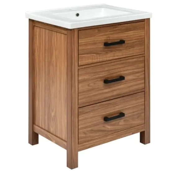 24" Bathroom Vanity with Ceramic Basin Sink and 3 Drawers, Natural - ModernLuxe image {3}