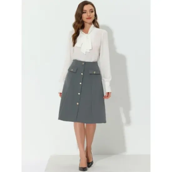 Allegra K Women's Button Decor Work A-Line Formal Knee Length Skirt image {2}
