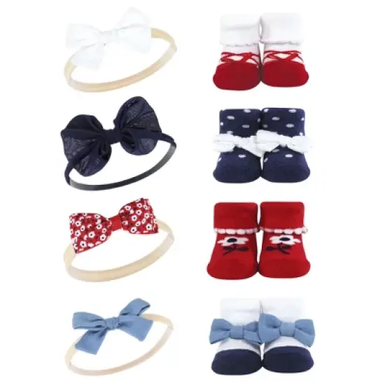 Hudson Baby Infant Girl 16Pc Headband and Socks Giftset, Red Navy Flower, One Size image {1}