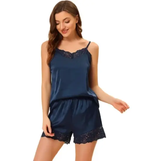 Allegra K Women's Satin Lace Trim Cami Tops with Shorts Lounge Pajama Set image {8}