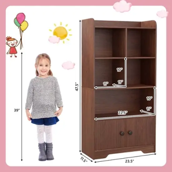 Costway 4-Tier Bookshelf 2-Door Storage Cabinet with4 Cubes Display Shelf for Home Office image {3}