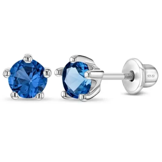 Girl's Classic CZ Birthstone Solitaire Screw Back Sterling Silver Earrings - In Season Jewelry image {13}