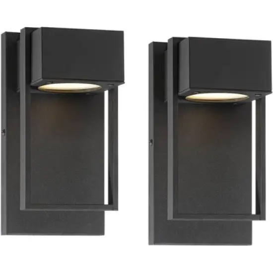 Possini Euro Design Pavel Modern Outdoor Wall Light Fixtures Set of 2 Textured Black Metal LED Downlight 9 1/2" for Post Exterior Barn image {8}