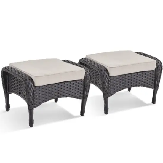 POCASSY Outdoor Ottomans Set of 2 with Cushion, Black Wicker Patio Footrest with All Weather Wicker Rattan and Beige Cushion image {2}