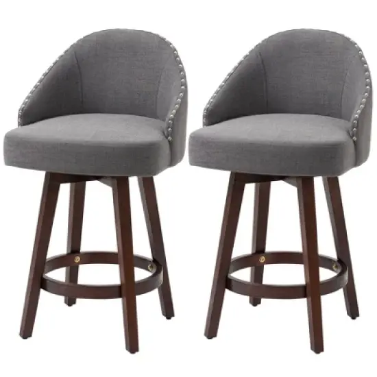 HOMCOM Bar Stools Set of 2, Linen Fabric Kitchen Counter Stools with Nailhead Trim, Rubber Wood Legs and Footrest for Dining Room, Counter, Pub image {3}
