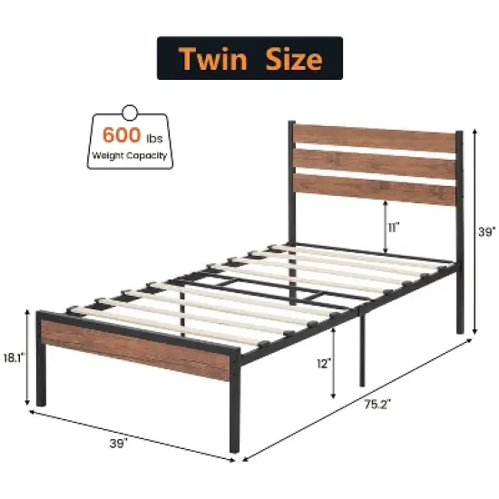 WhizMax Bed Frame with Headboard Footboard, Rustic Brown Wood Farmhouse Metal Platform Bedframe with Wooden Slat image {2}