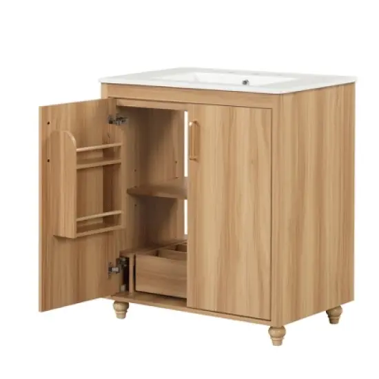 30"W Bathroom Vanity with Sink, Multi-Functional Bathroom Cabinet with Storage Rack and Functional Drawer with Slides, Natural-ModernLuxe image {9}
