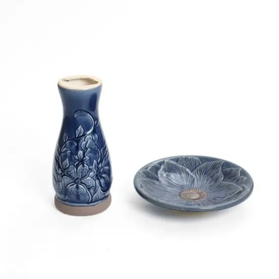 LuxenHome 22" Elegant Tall Ceramic Bird Bath for Outside with Floral Pattern, Deep Blue image {6}