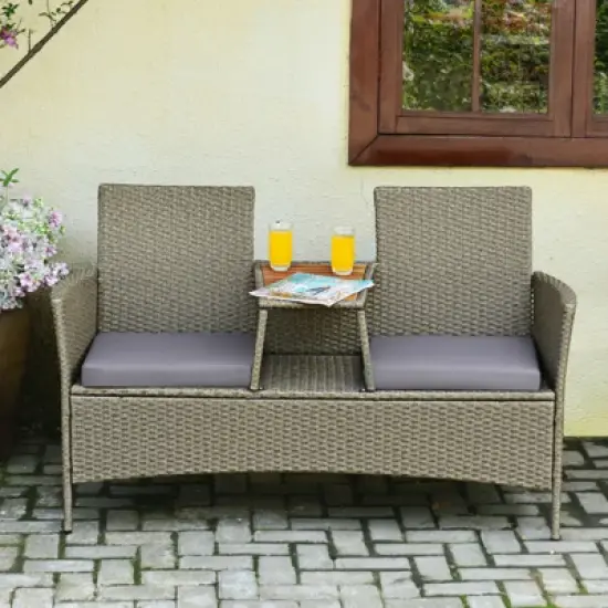 Tangkula Outdoor Patio Rattan Loveseat Sofa Double Conversation Set w/Cushion & Built-in Table image {4}