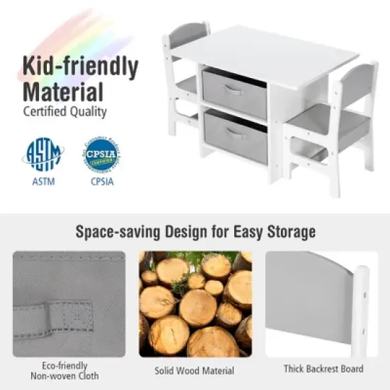 Babyjoy Kids Art Play Wood Table and 2 Chairs Set w/ Storage Baskets Puzzle image {4}