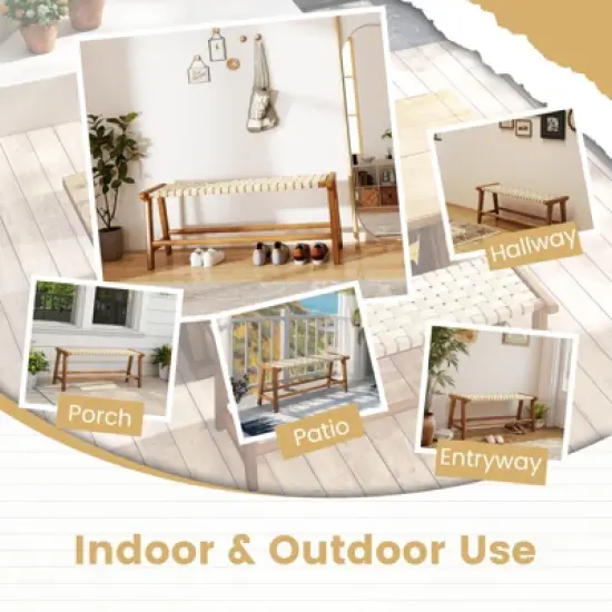 Tangkula 47" Long Teak Wood Patio Bench w/Weave Seat Solid Wood Legs Backless for Porch image {5}