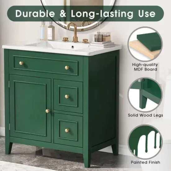 KWPZQEB 30" Bathroom Vanity with Ceramic Sink, Vanity Cabinet with Door & 2 Drawers, Modern Sink Cabinet with Solid Wood Frame for Bathroom image {3}