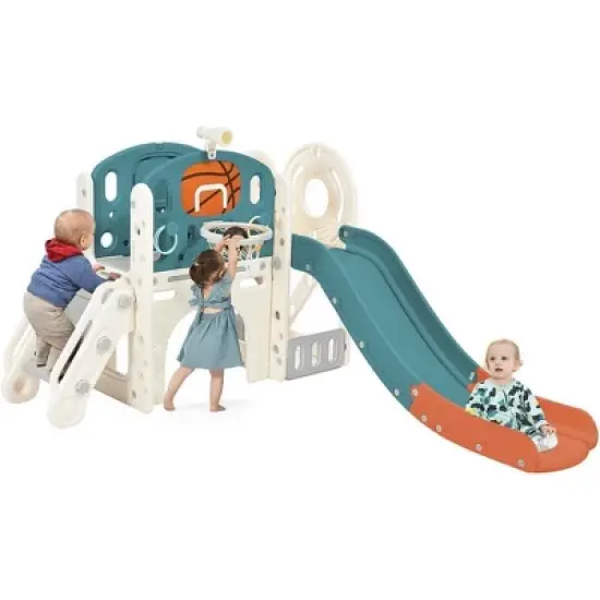 HDPE Kids Slide Playset Structure, Freestanding Castle Climbing Crawling Playhouse with Slide, Arch Tunnel, Ring Toss, and Basketball Hoop image {7}