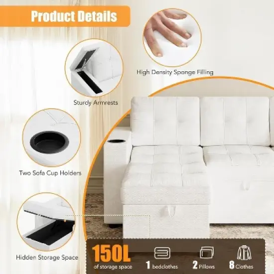 84" L-Shaped Sleeper Sofa Bed with Pull-Out Mattress, Storage Armrests, Cup Holders & USB Ports, Sectional Couch for Living Room image {5}