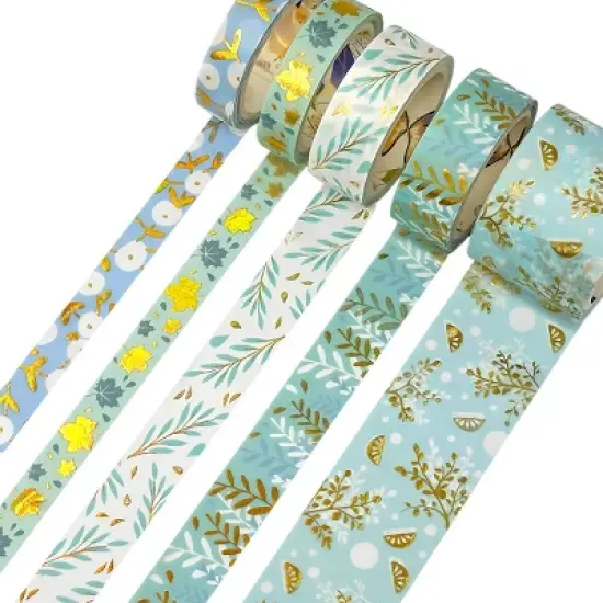 Wrapables Decorative Gold Foil Washi Tape Box Set for Arts & Crafts, Scrapbooking, Stationery, Diary (10 Rolls), Blue Green Bloom image {2}
