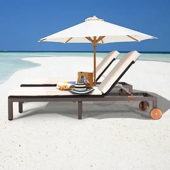 Tangkula 2PCS Patio Adjustable Rattan Recliner Chaise Lounge Chair w/ Cushion Wheels image {4}