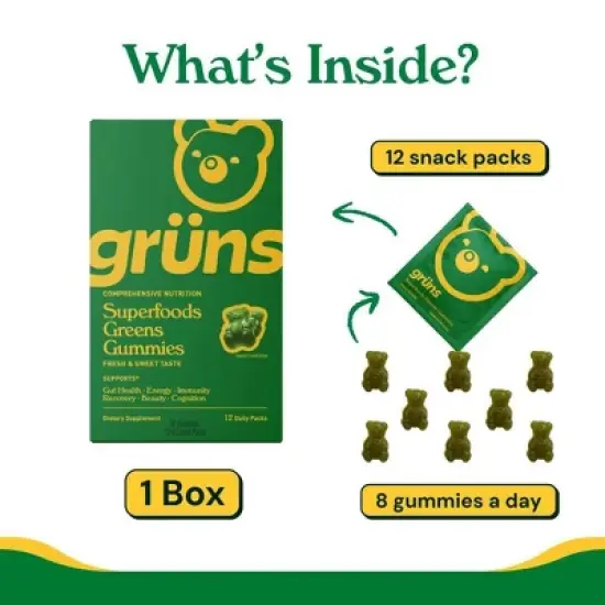 Gr&uuml;ns Adult Low Sugar Superfoods Greens Gummies - 96ct/12 Servings image {2}