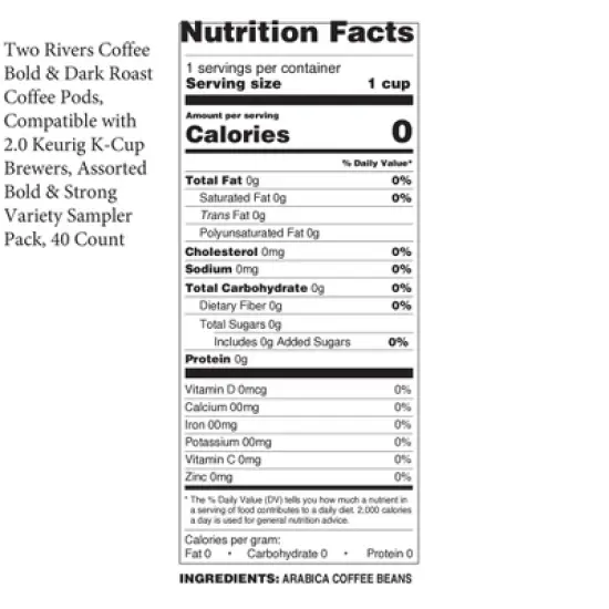 Two Rivers Coffee Pods,Bold & Dark Roast 2.0 Keurig ,Variety Sampler Pack, 40 Ct image {2}